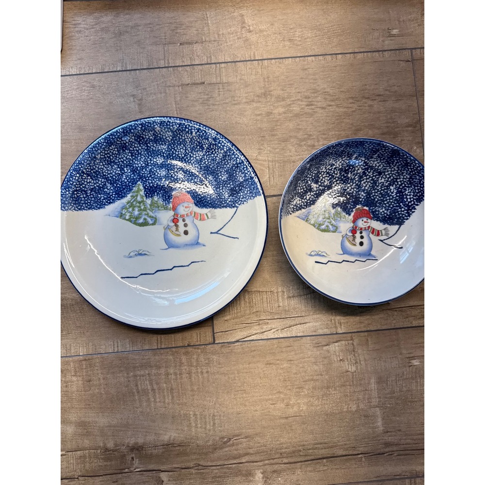 Thomson Pottery China Plates Set of 2 Snowman Christmas‎ Holiday Decor